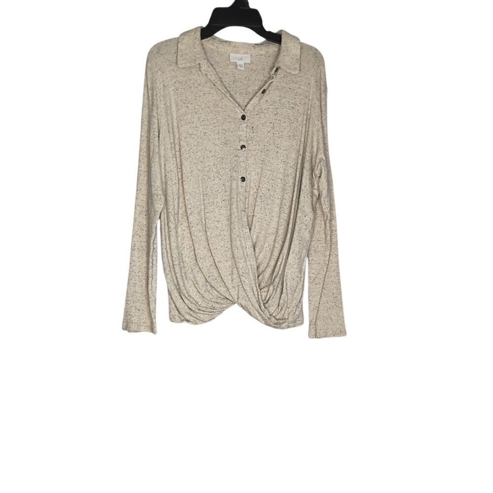 J Jill Blouse Women MediumPetite Beige Heather 1/4 Button Pullover Knit Wrap Top